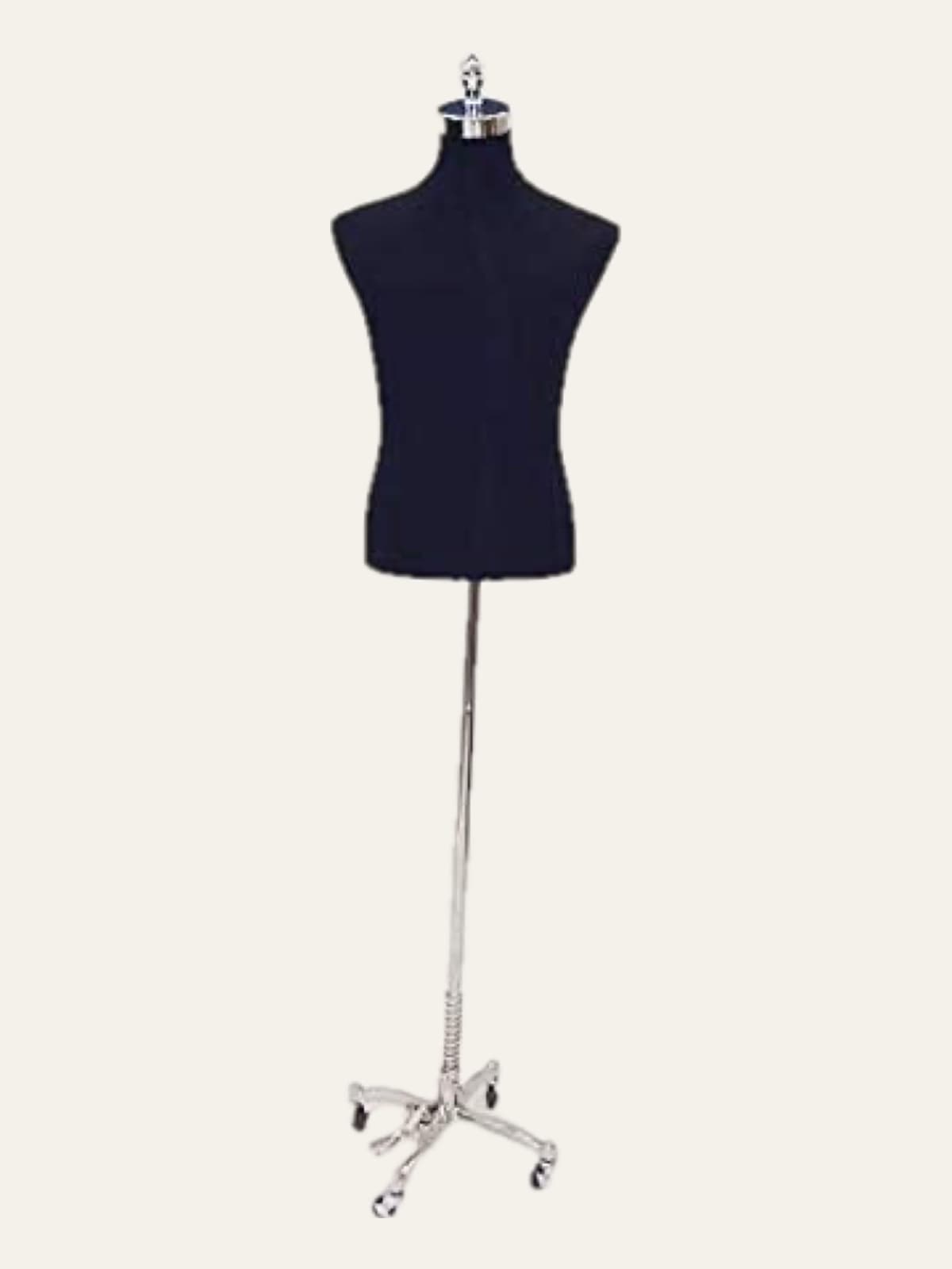 Navy male dress form on a chrome stand with a five-castor rolling base